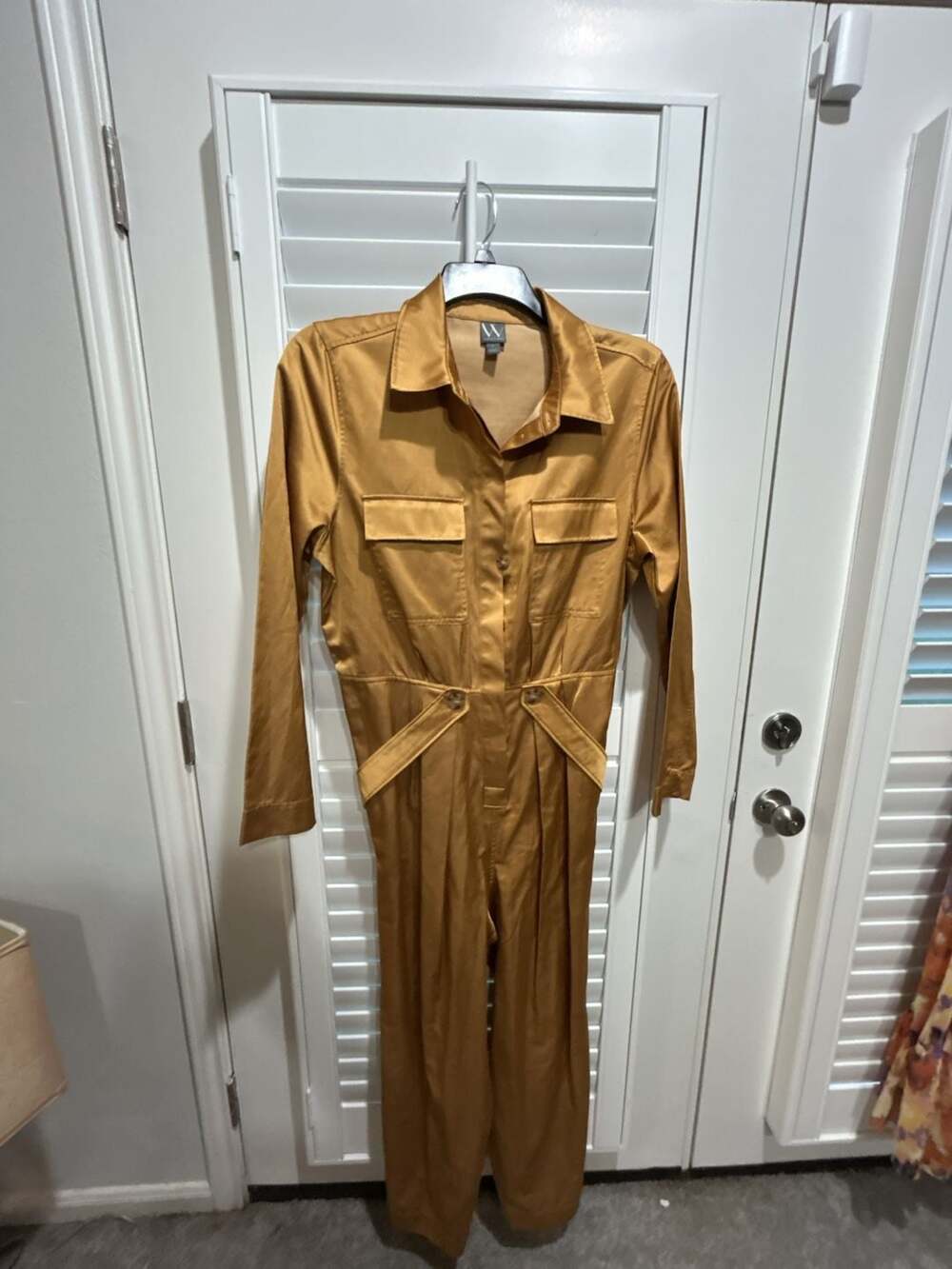Worthington Gold Satin Long Sleeve Collared Jumpsuit